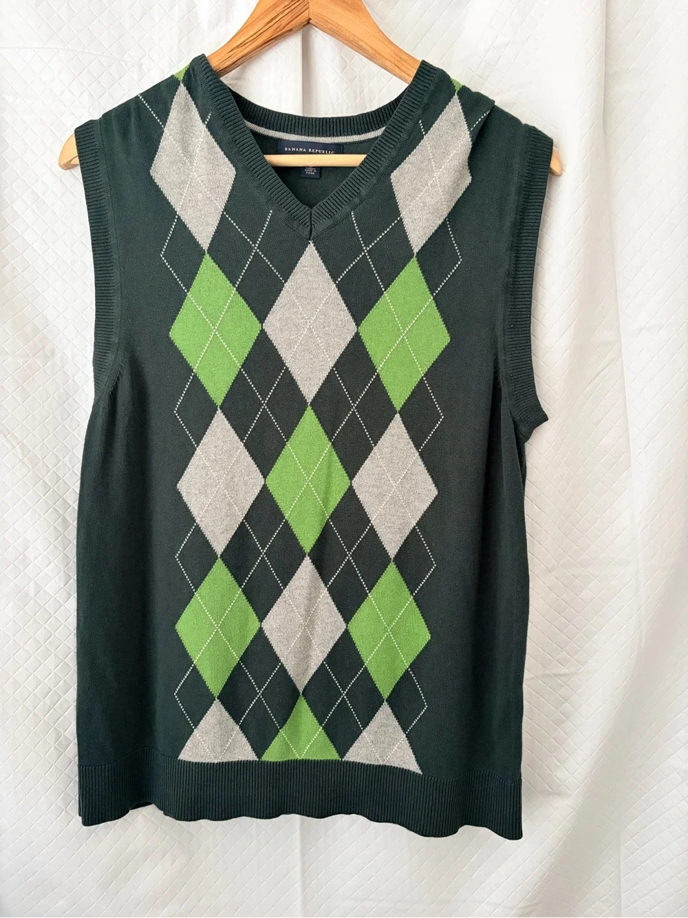 Banana Republic Dark Green Argyle Sweater Vest with Lime and Gray Diamonds